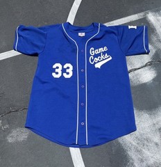 Vintage “Game Cocks” Baseball Jersey Blue Teamwork 90s #33 Funny Button Up