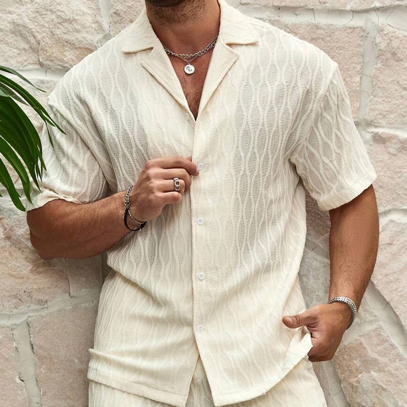 Men Tracksuits Summer Fashion Solid Loose Casual Two Pieces Lapel Button Shirt S gallery