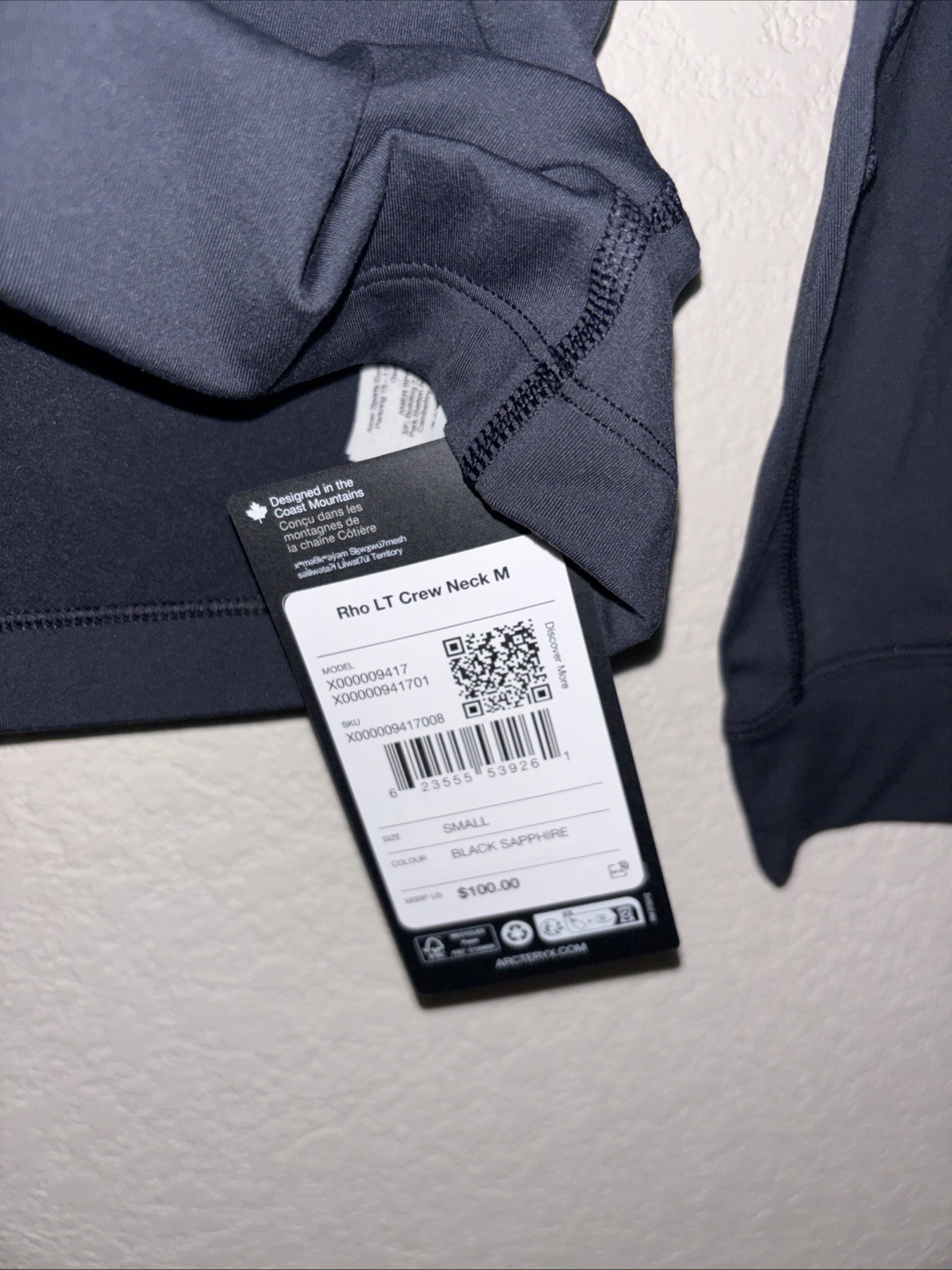 Arc'teryx Rho LT Crew Neck Base Layer - Men's Small - Black Sapphire Color NWT gallery