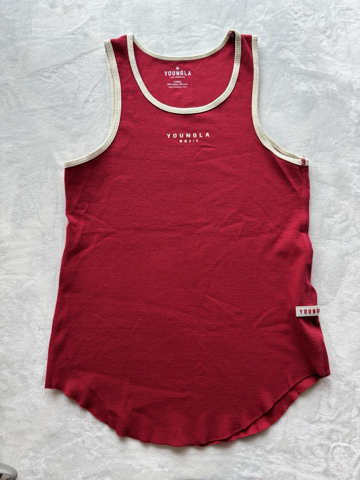 YoungLA Men's L Athletic Fit Stretch Tank Top Red/Cream Scoop Neck Logo gallery