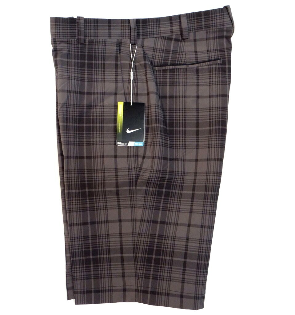 Nike Golf Tour Performance Dri Fit Black & Gray Plaid Flat Front Shorts Mens NWT gallery
