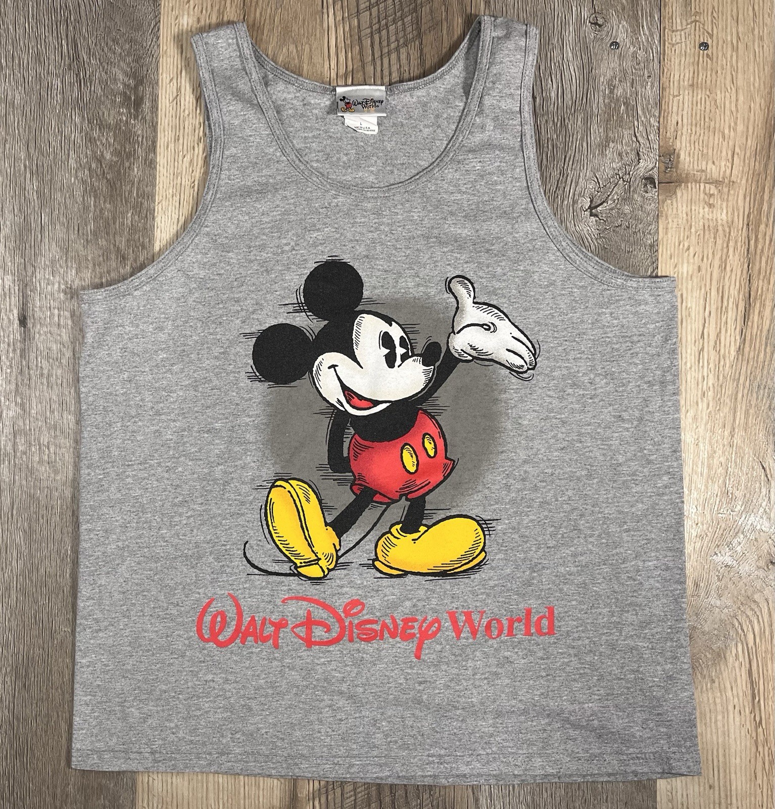 VTG Walt Disney World Mickey Mouse Retro Graphic Gray Tank Top USA Made Adult L gallery