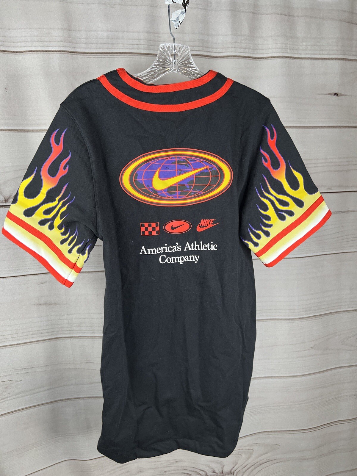 New Nike Americana Button Up Flames Shirt Men's Small Black Red DV9642-010 B55 gallery
