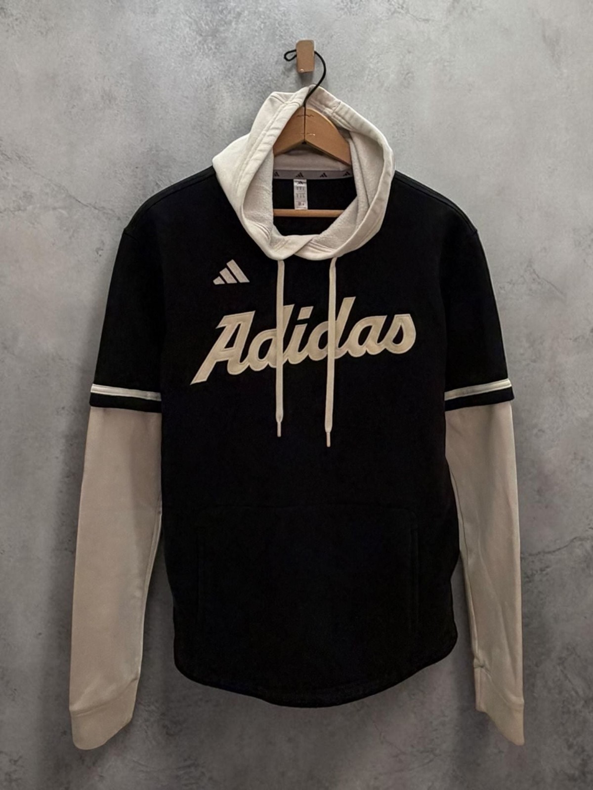 Adidas Script Logo Layered Double Sleeve Hoodie Black Cream Size S gallery