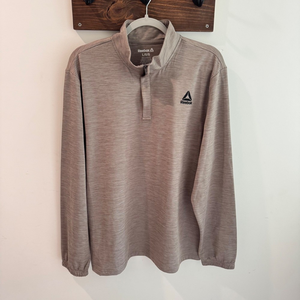 Reebok Mens 1/4 Zip Mock Driftwood Heather Slim Fit Pullover Large