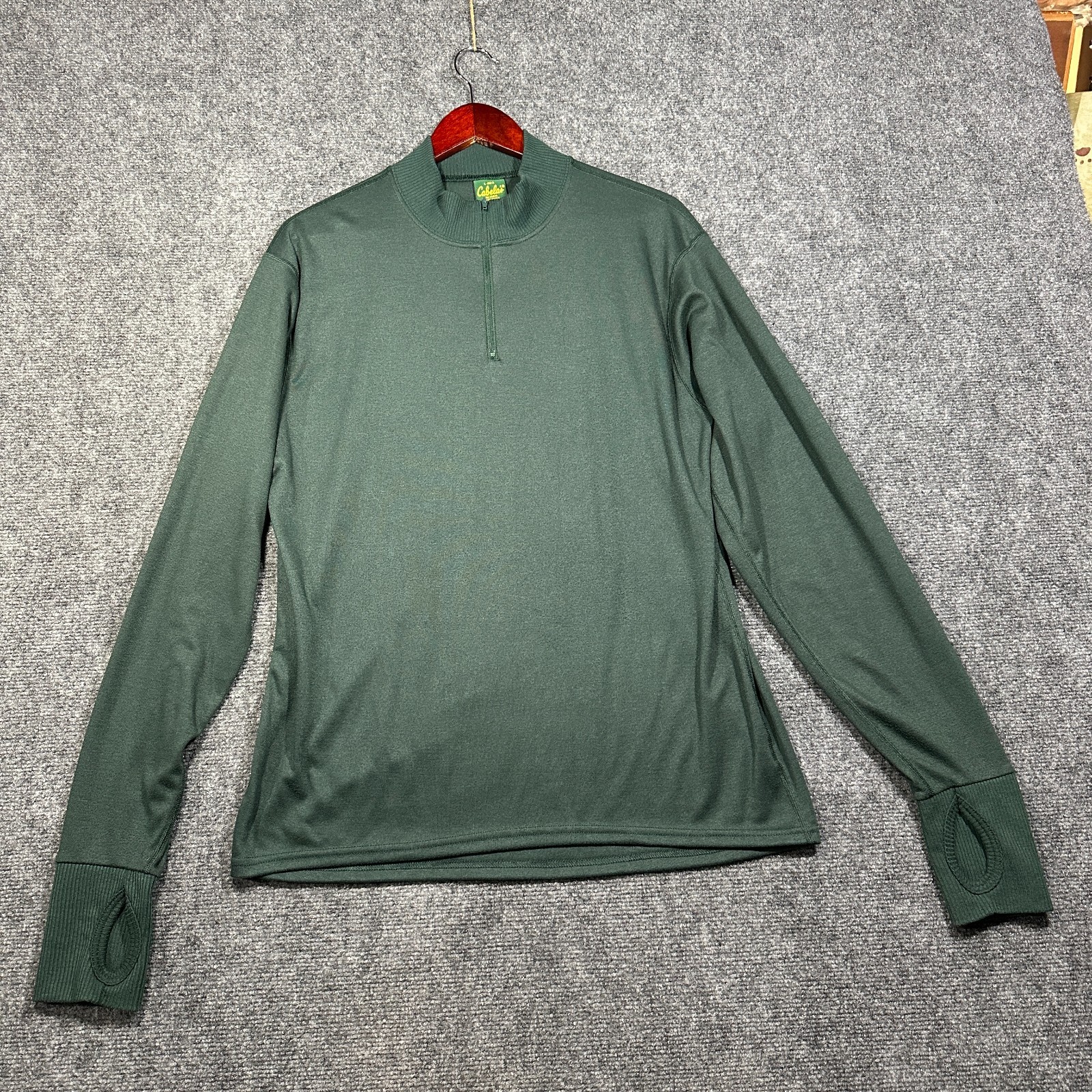 Cabelas Pullover Top Mens Large 1/4 Zip Green Knit Thumb Holes Ribbed Cuffs gallery