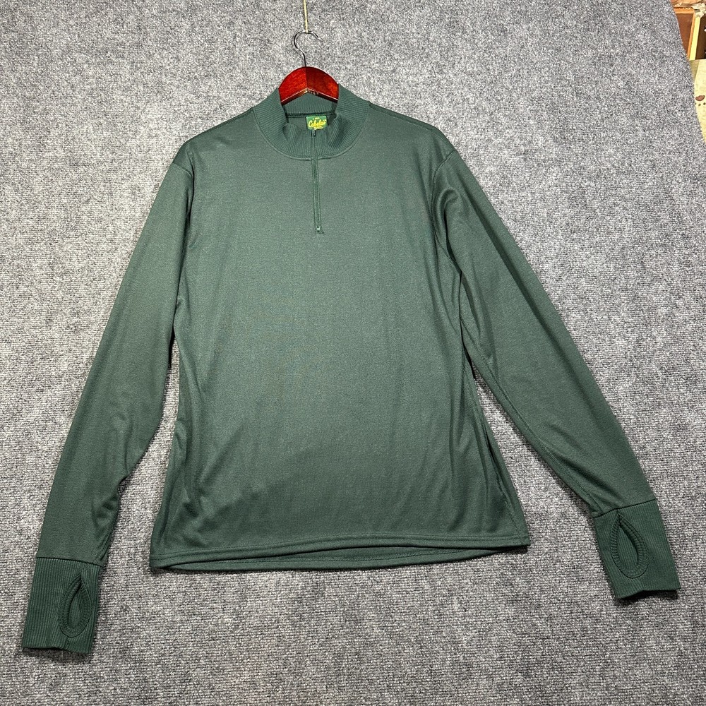 Cabelas Pullover Top Mens Large 1/4 Zip Green Knit Thumb Holes Ribbed Cuffs
