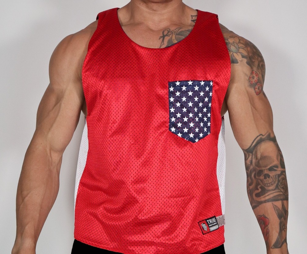 MEN'S RED/BLUE REVERSIBLE SLEEVELESS MESH SHIRT SIZE L
