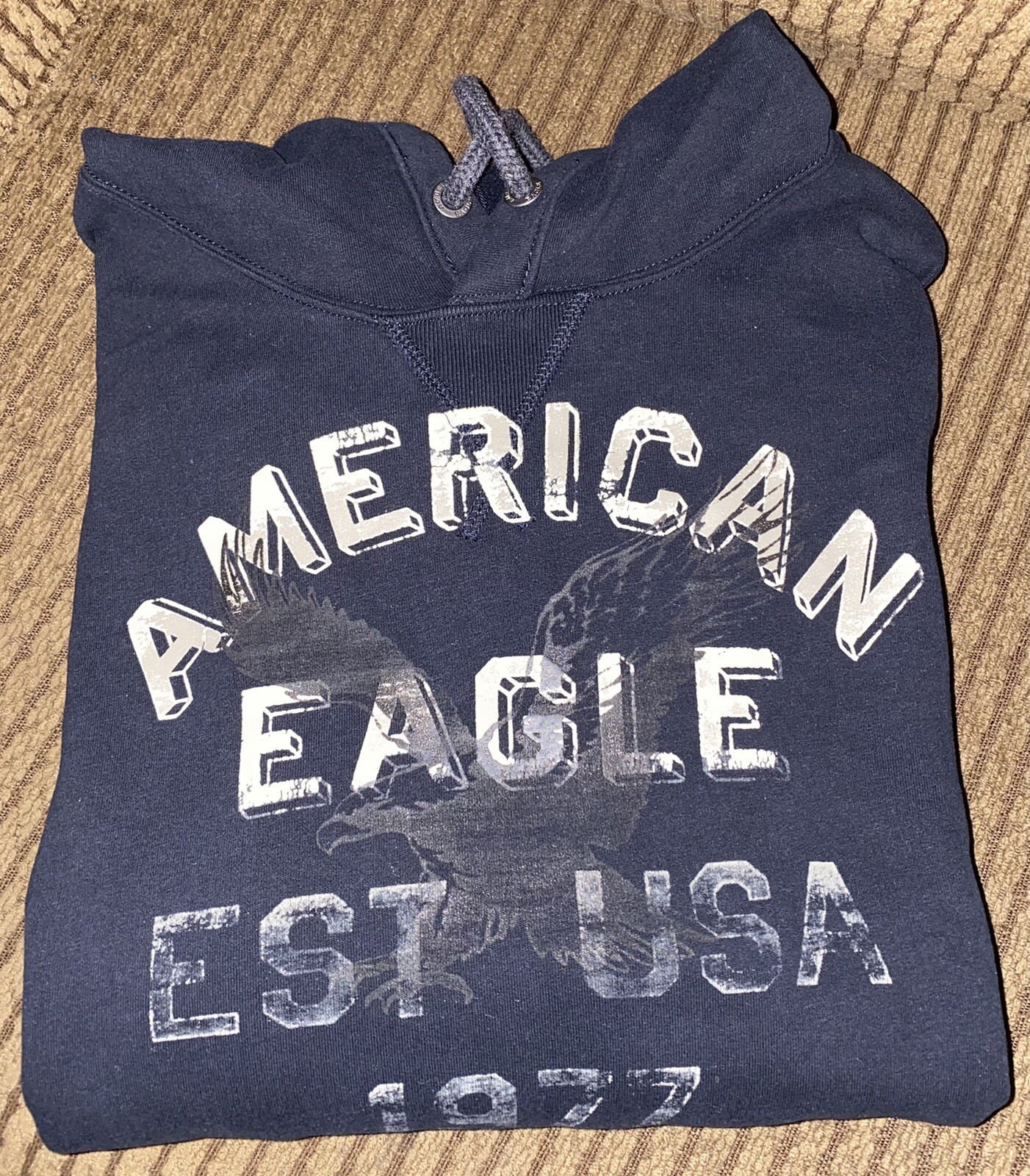 American Eagle Men’s Lg Hooded Sweatshirt Black With Gray/Cream Accent EUC gallery