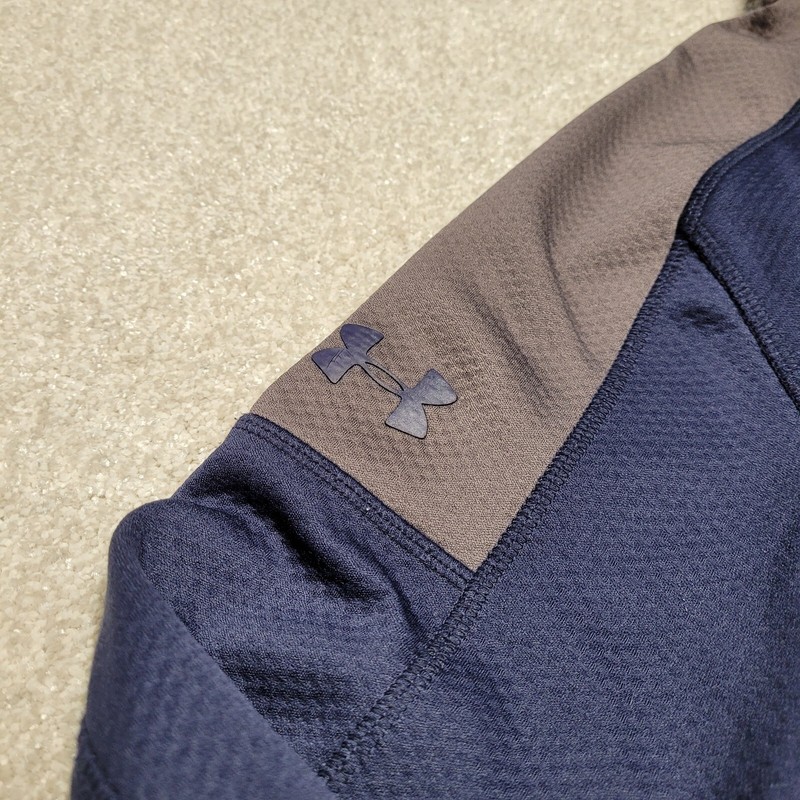 Under Armour Pullover Mens Small Blue Loose ¼ Zip Long Sleeve Brown Logo Pockets gallery