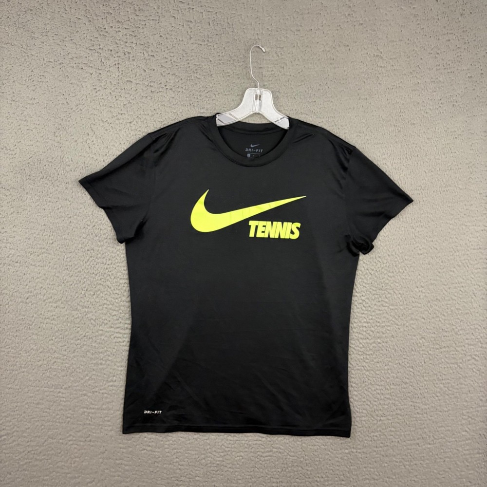 Nike Tennis T-Shirt Mens Large Black Dri-FIT Graphic Swoosh Activewear Training