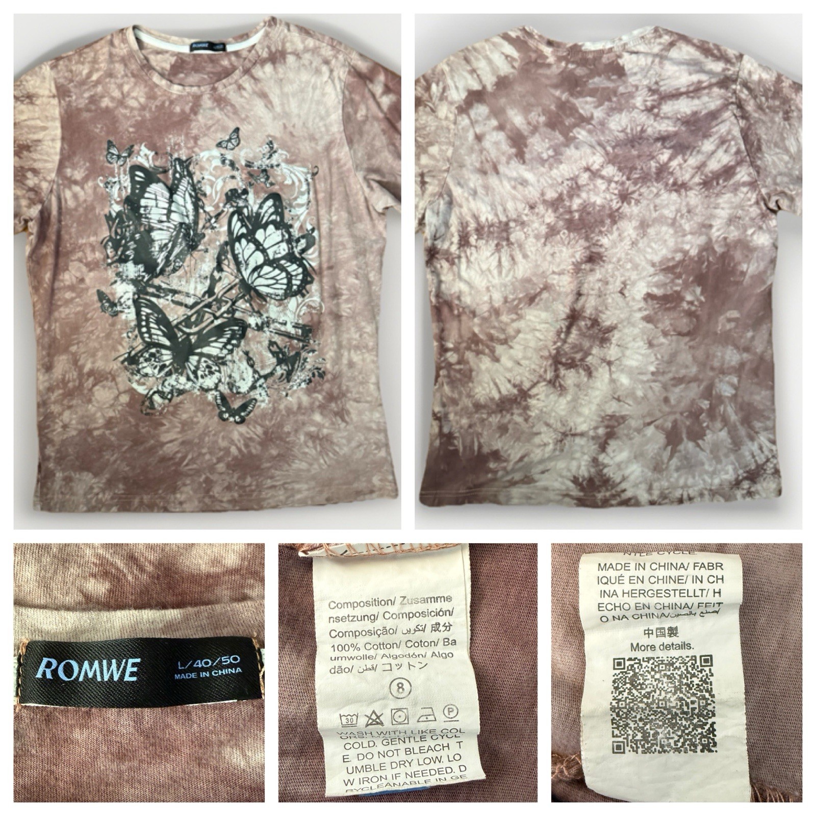 ROMWE Butterflies Purple Tie-dye T-Shirt L 40-50 100% Cotton SHEIN gallery