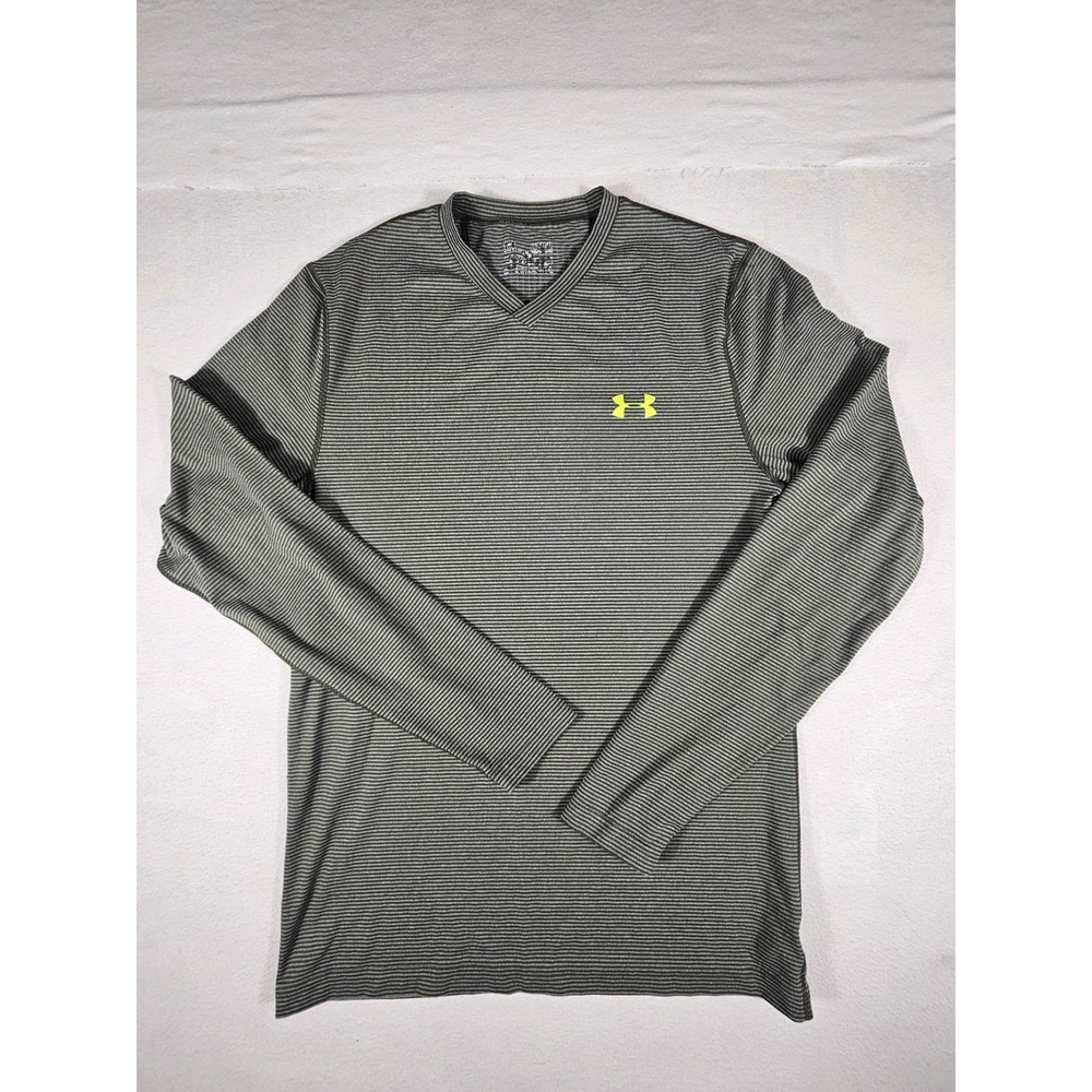 Under Armour Mens ColdGear V-Neck Long Sleeve Shirt Grey Stripe 1248933 Medium