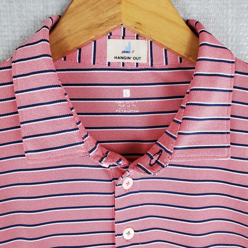 JOHNNIE-O Size Large Mens Salmon Striped Polo Shirt Performance Golf Wicking gallery