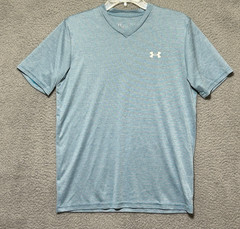 Under Armour Shirt Mens Medium Blue Heather V Neck HeatGear Loose Fit Athletic
