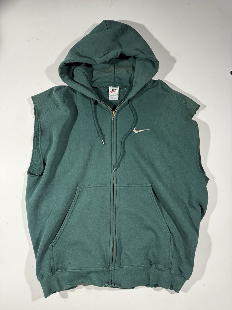Vintage 90s Nike Cut Off Sleeveless Hoodie Mens L Green Full Zip White Tag USA