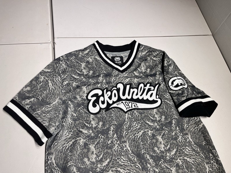 Ecko UNLTD Jersey Men's Large Embroidered Rhino Camo Baseball Shirt Spellout gallery