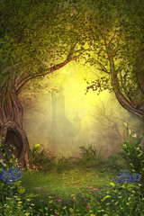 Magical Castle in Fairy Woods Flowers Trees Fantasy Picture Poster Forest Cleari