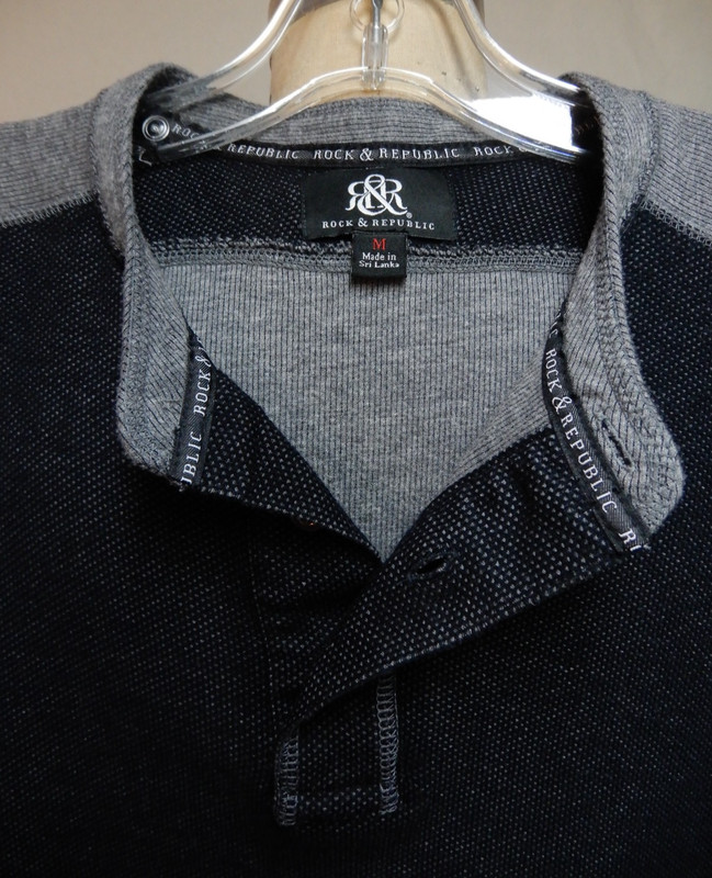 Rock & Republic Black/Gray Henley Pullover Cotton Size Medium EUC gallery