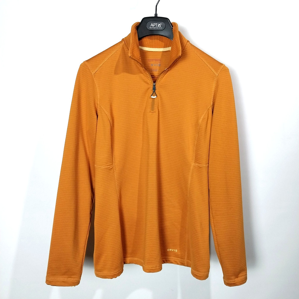 Orvis 1/4 Zip Thermal Base Layer Orange Waffle Knit Fleece Pullover Men's Size M