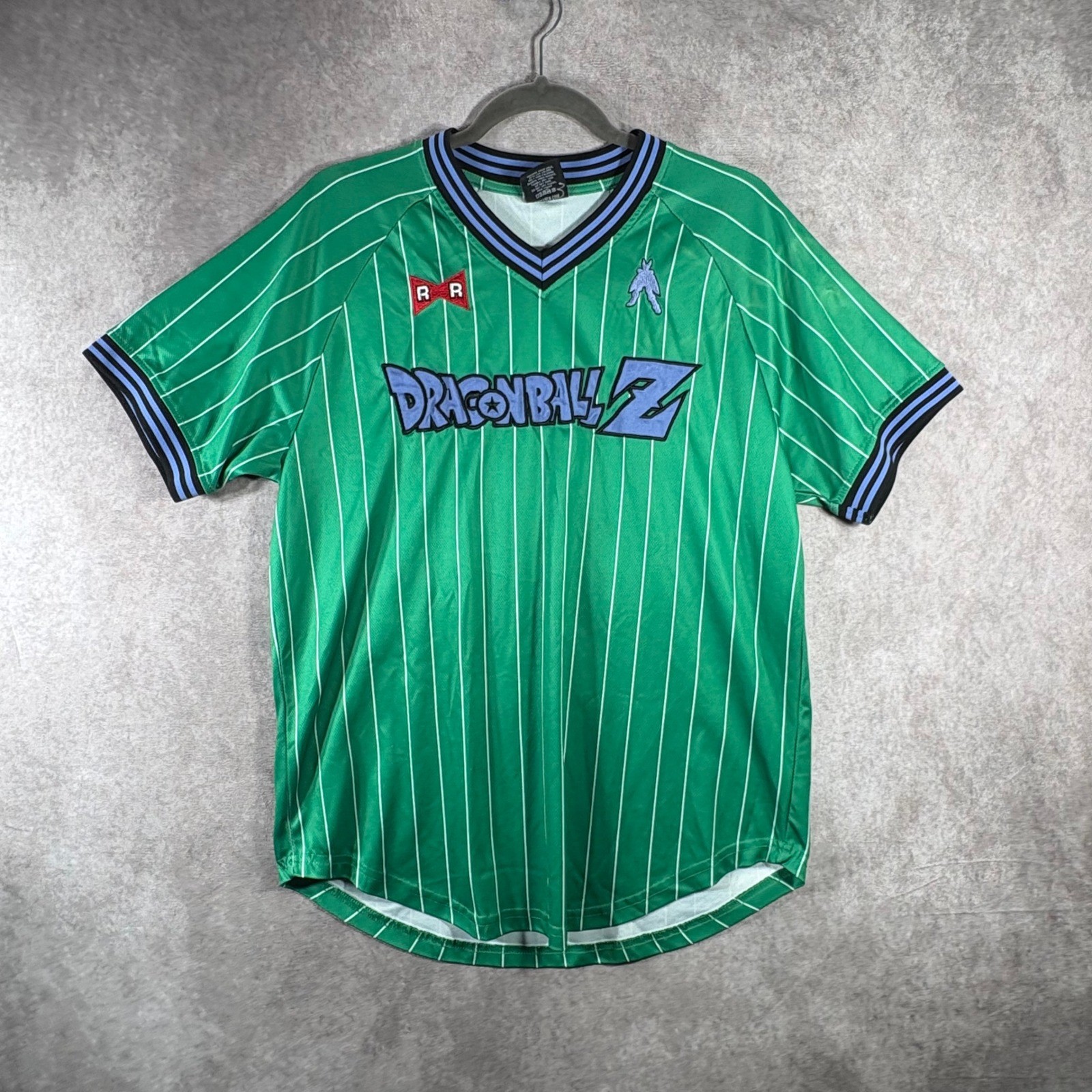 Dragon Ball Z BoxLunch Jersey Mens M Green Perfect Cell Pinstripe Baseball Shirt gallery