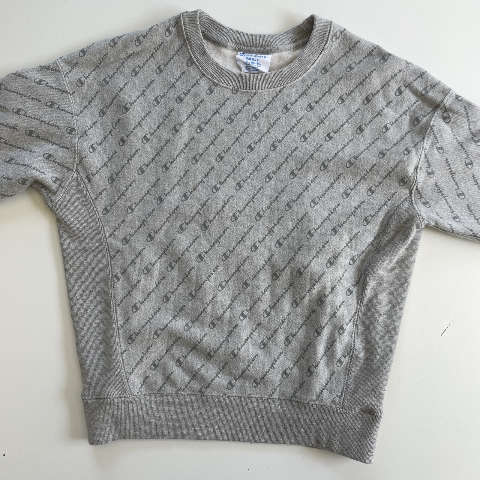 Champion Reverse Weave Crewneck Sweatshirt Gray Spell Out AOP All Over Print - S gallery