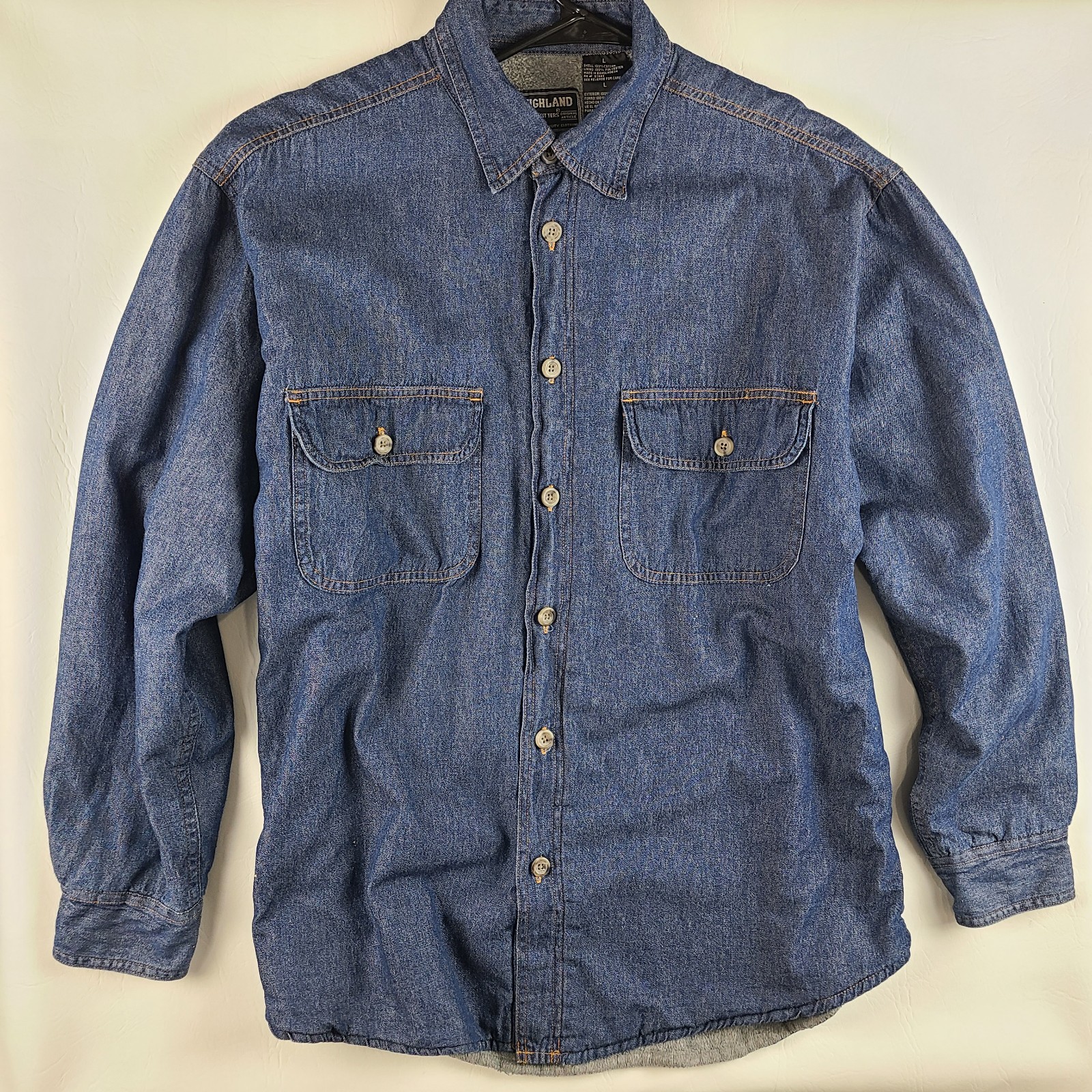 Mens LARGE- Long Sleeve Button Up Shirt Shaket Denim Fleece Lined gallery