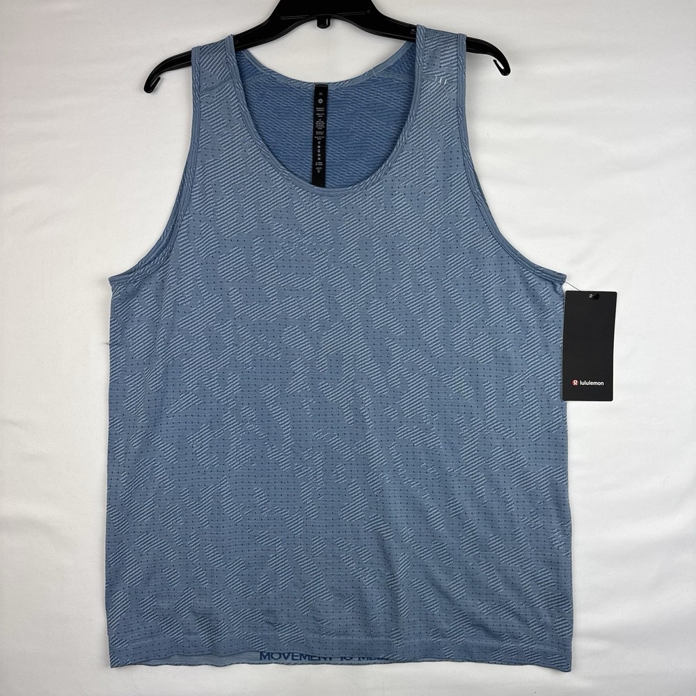 Lululemon Mens Tank Shirt Blue White Metal Vent Breathe Sleeveless Shirt Size XL