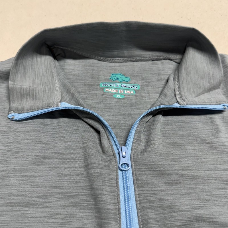 Wears Woody Pullover Mens XL Gray Blue Quarter Zip Made USA Bamboo Blend Patch gallery