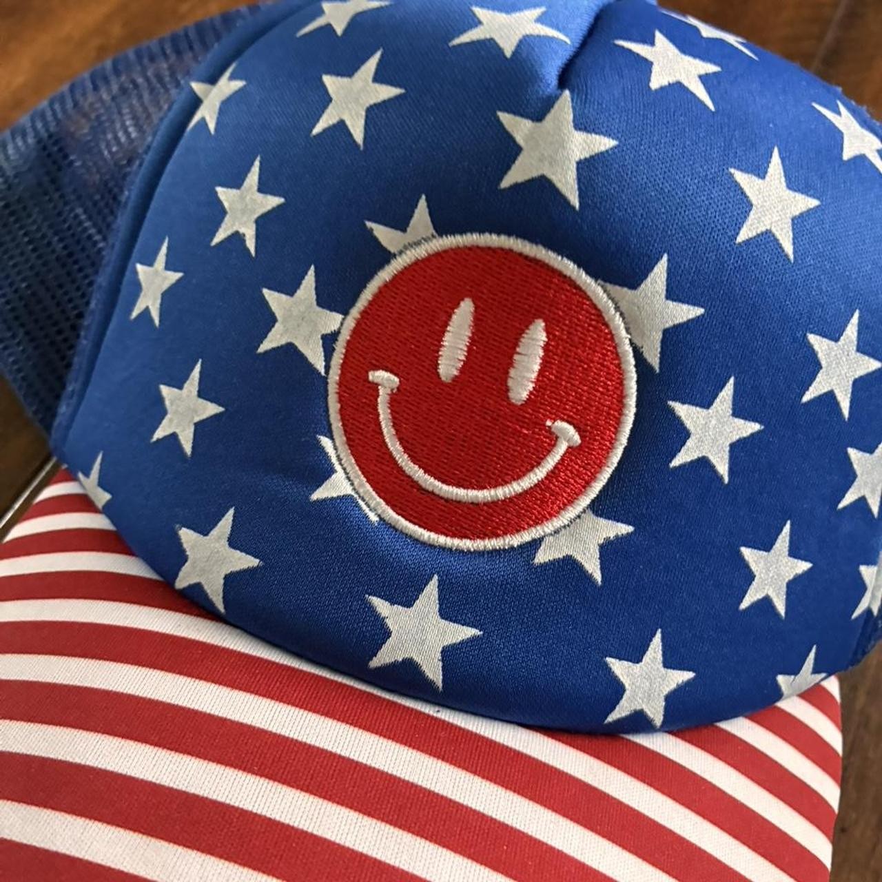 American Style Red, white and blue foam snapback trucker hat with smiley face gallery