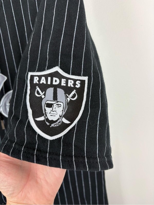 NFL Black Pinstripe Oakland Raiders Hooded Button-Up Jersey XS Good Condition gallery