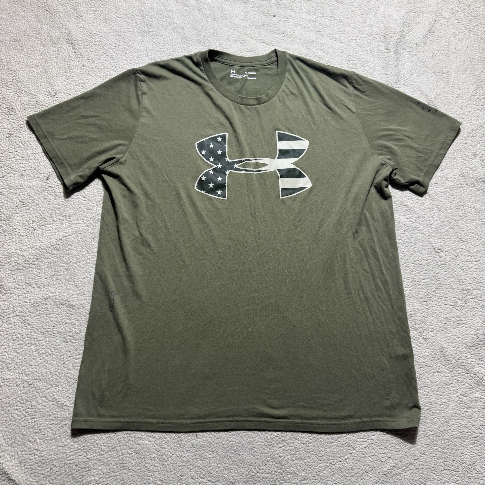 Under Armour Shirt Mens XL Loose Fit Army Green American Flag Logo HeatGear Crew gallery