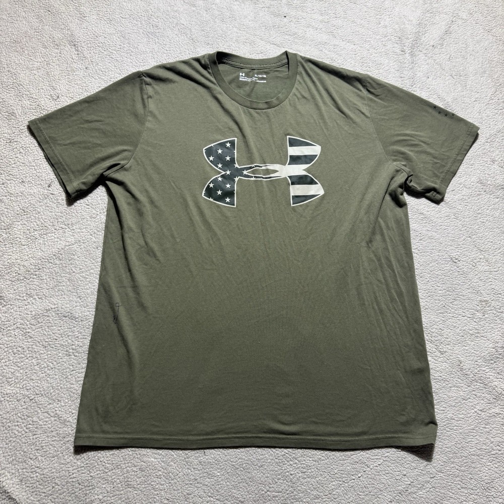 Under Armour Shirt Mens XL Loose Fit Army Green American Flag Logo HeatGear Crew
