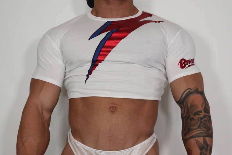 WHITE CUT OFF CROP SHORT SLEEVE BOWIE SHIRT ADULT L gallery