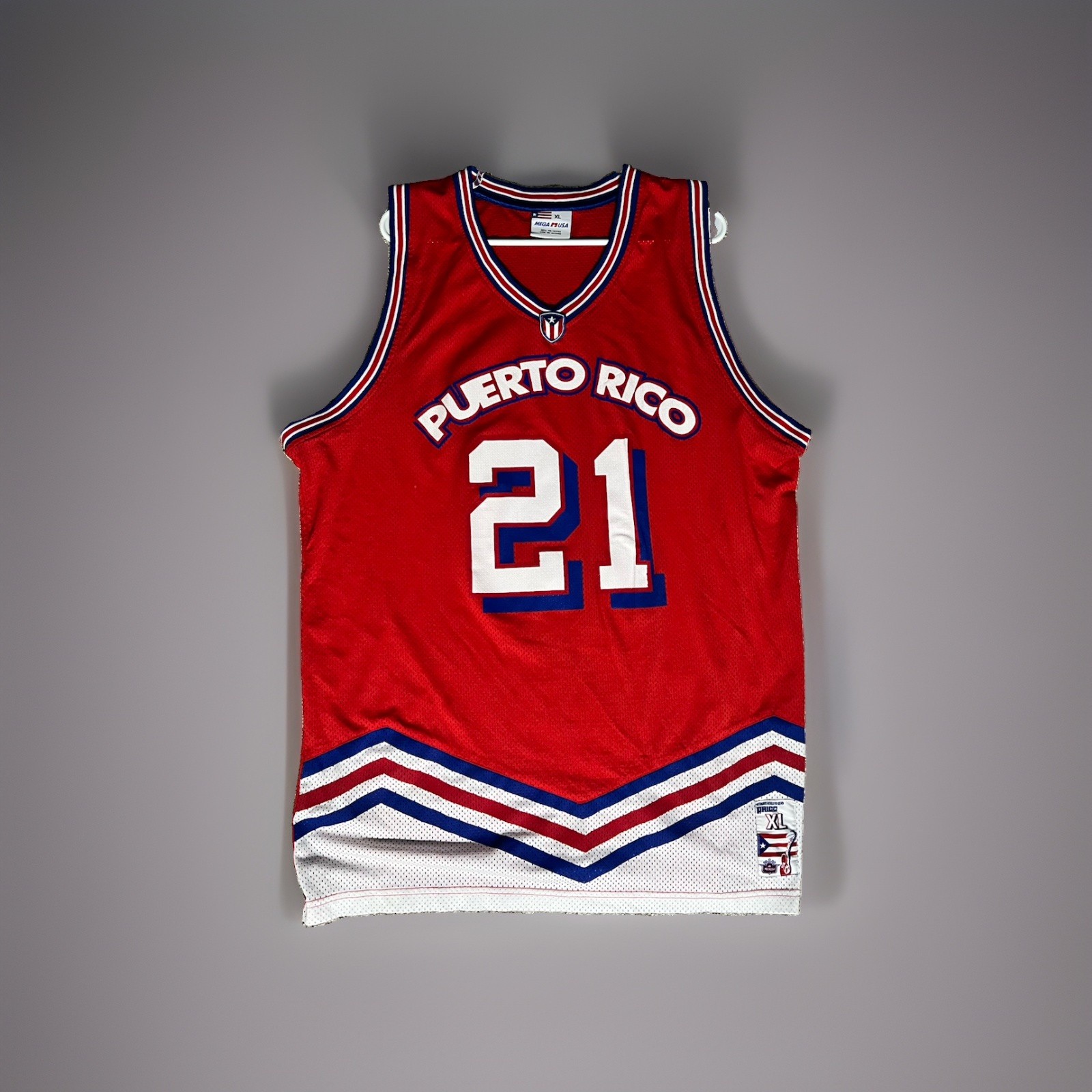 Mega Pro USA Puerto Rico #21 Mesh V-Neck Basketball Jersey Men’s XL Red/White gallery