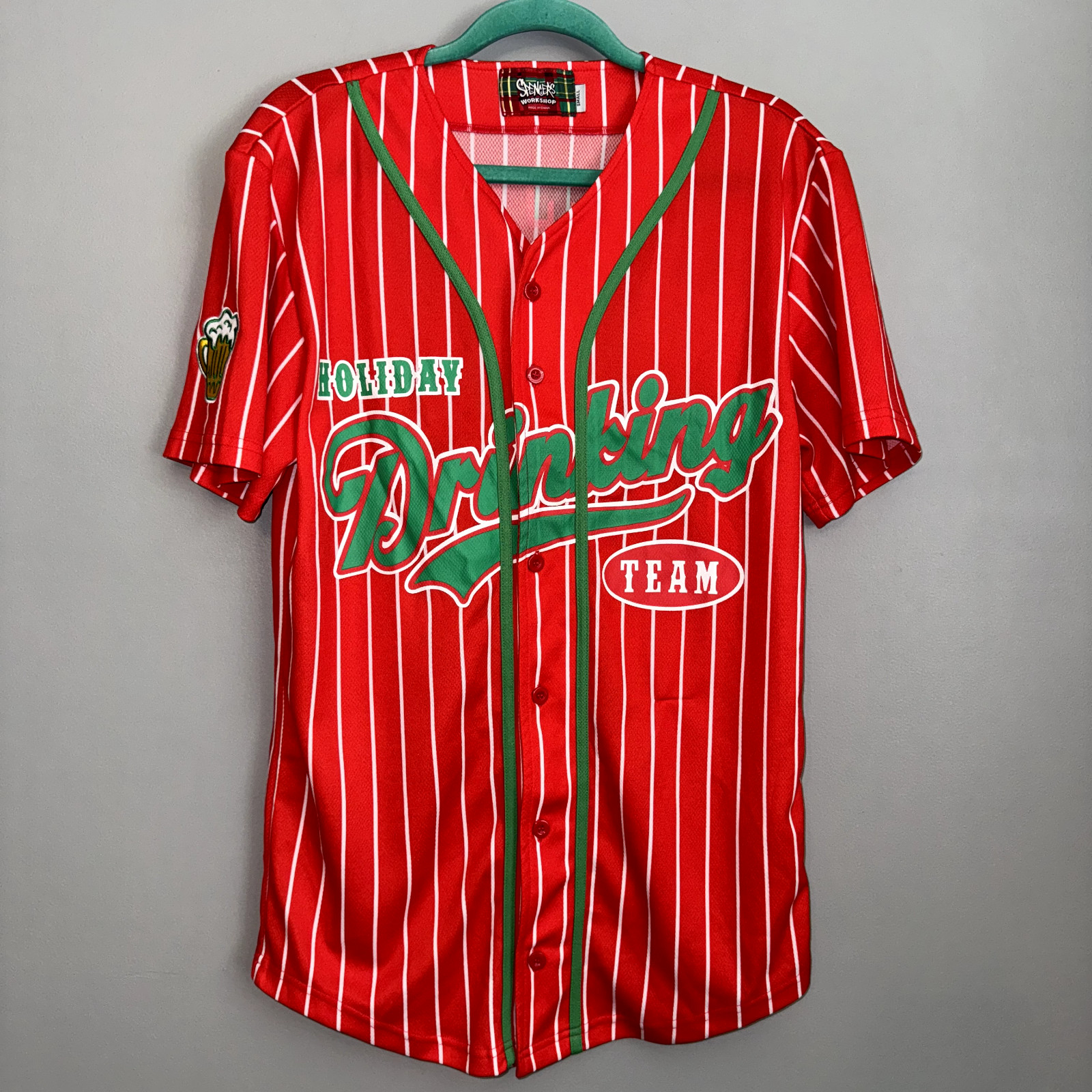 Spencers Workshop Baseball Jersey Red Holiday Drinking Team Christmas Mens Small gallery