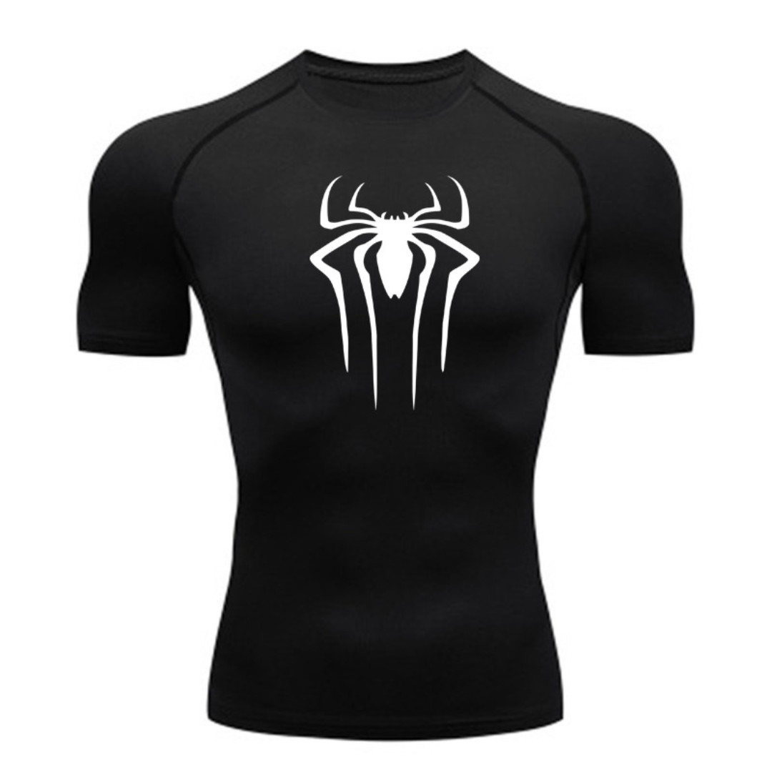Black Compression shirt for men, short sleeves, spider chest gym t-shirt gallery