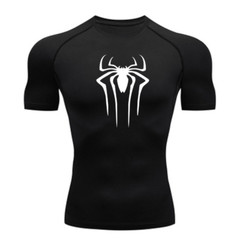 Black Compression shirt for men, short sleeves, spider chest gym t-shirt