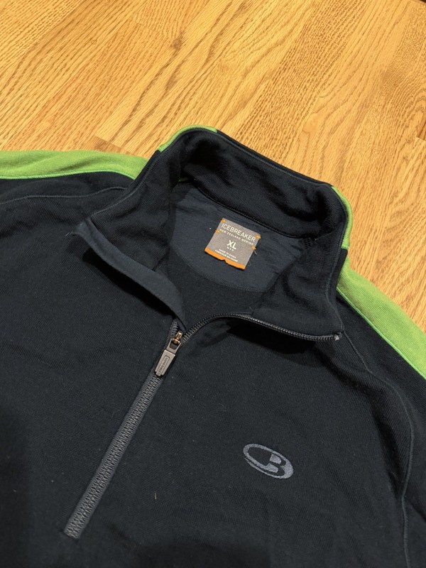 Icebreaker 100% Merino Wool 1/4 Zip Pullover Men’s XL Black Green Thumbholes gallery