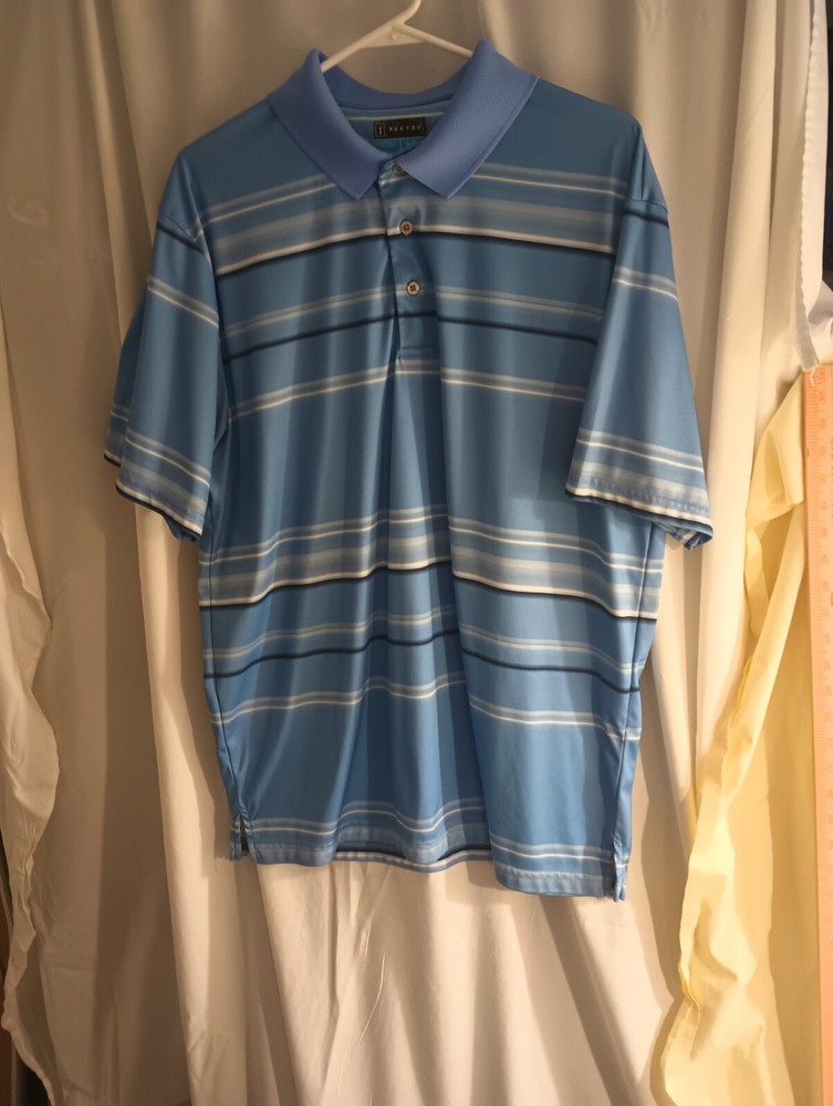 PGA TOUR Golf, Collared, 3 Button, Pull over Sz XL Striped Blue/Whi 100%Poly