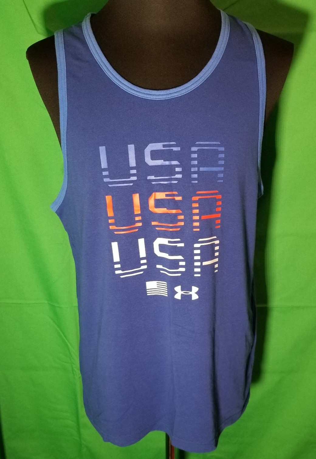 Under Armour Mens Medium USA RWB Logo Light Blue Piping Loose 4th America Tank gallery