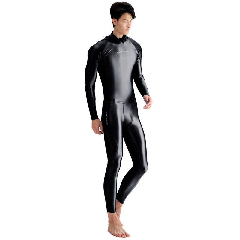 AMORESY Men Shiny Glossy Hooded Sunscreen Top Long Sleeve Fitness Sports T-shirt gallery