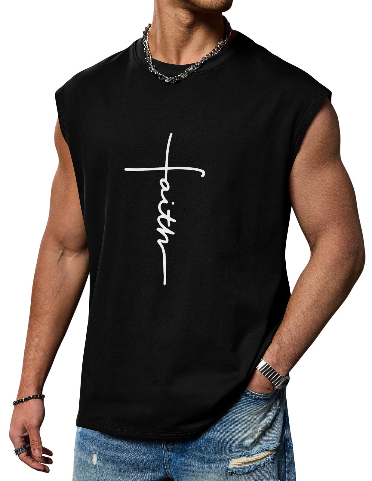 VOGSTART Men's Side Slit Muscle Gym Crewneck Sleeveless Tank Top Black L gallery
