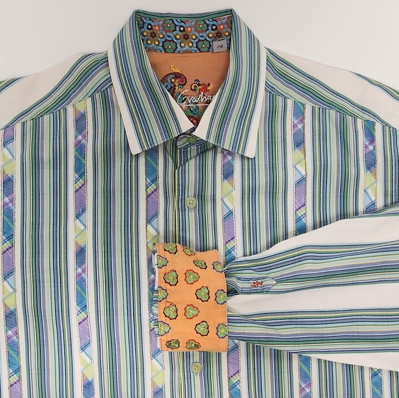 ROBERT GRAHAM Men's Large Striped Long Sleeve Button-up Collar Embroidered Shirt gallery