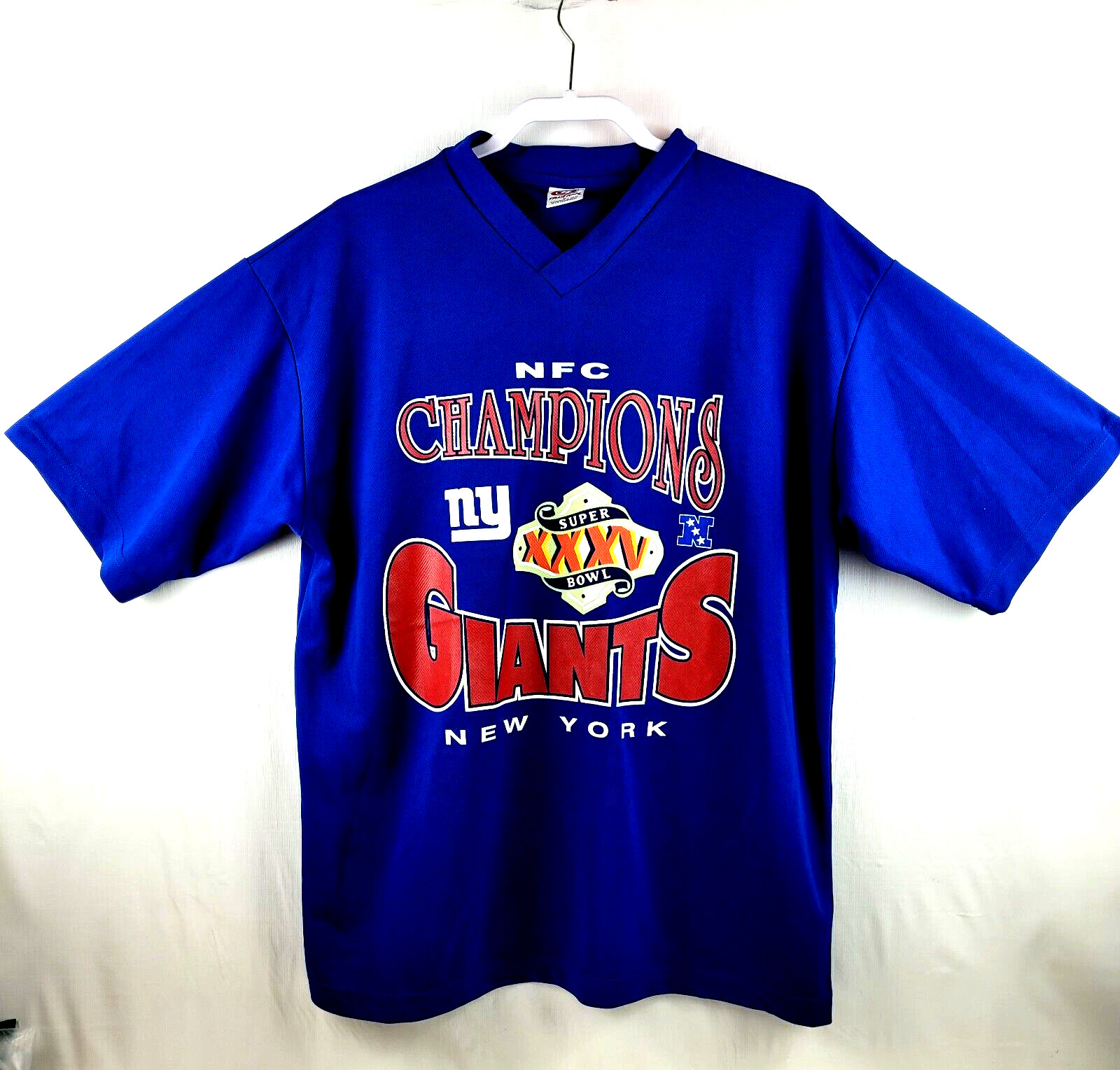 True Fan Sports Champions Giants Mens T-Shirt Sz L Short Sleeve V-Neck Poly Blue gallery