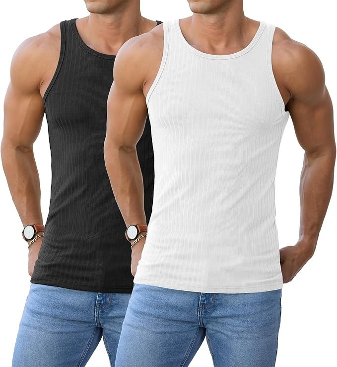 2-Pack Men's Ribbed Tank Top Sleeveless Muscle Shirts Gym White & Black Medium gallery