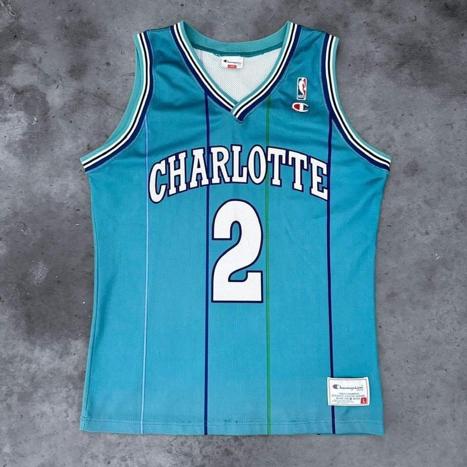 Vintage 90s Larry JohnsonB asketball Jersey Charlotte Pinstripe EURO Champion LG gallery