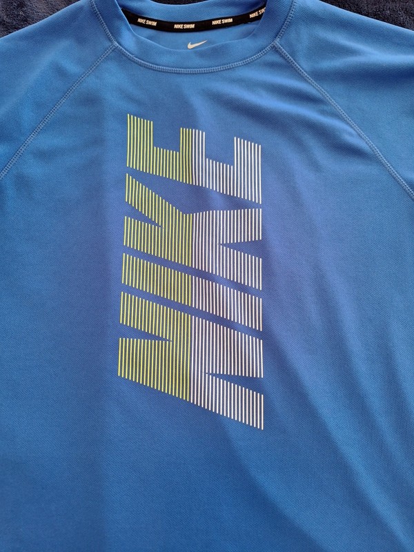 Nike Swim Dri Fit Mens Shirt Royal Blue Block Letters Logo UPF 40+ SZ XL gallery