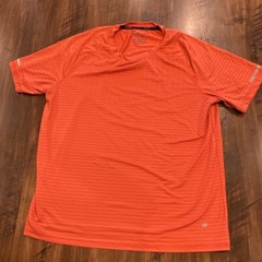 Russell Dri-Power 360 Men’s Orange Striped V-Neck Logo T-Shirt Size L