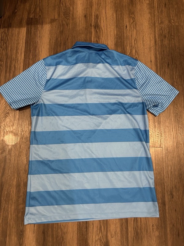 Nike Gold Dri Fit Blue Stripe Short Sleeve Shirt Men’s Medium gallery